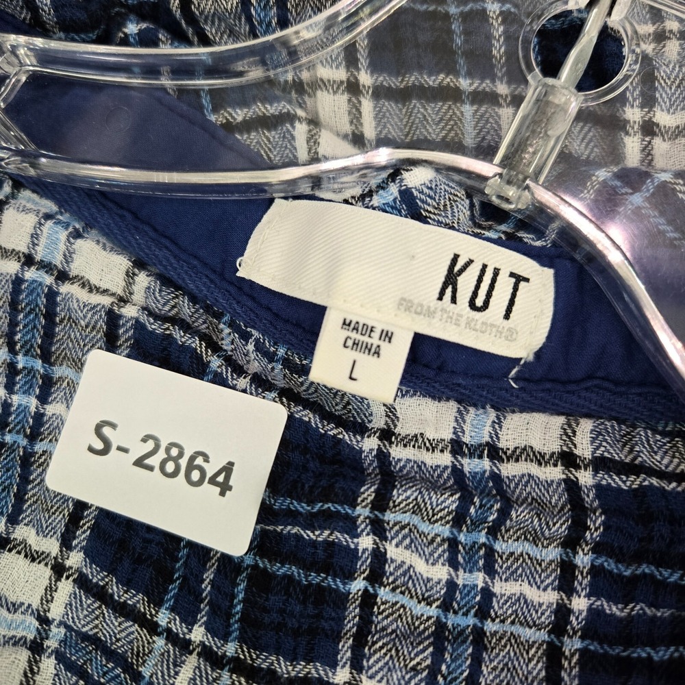 KUT Women Top Large Blue Tartan Plaid Snap Button Up Pockets Long Sleeve READ - Picture 2 of 11